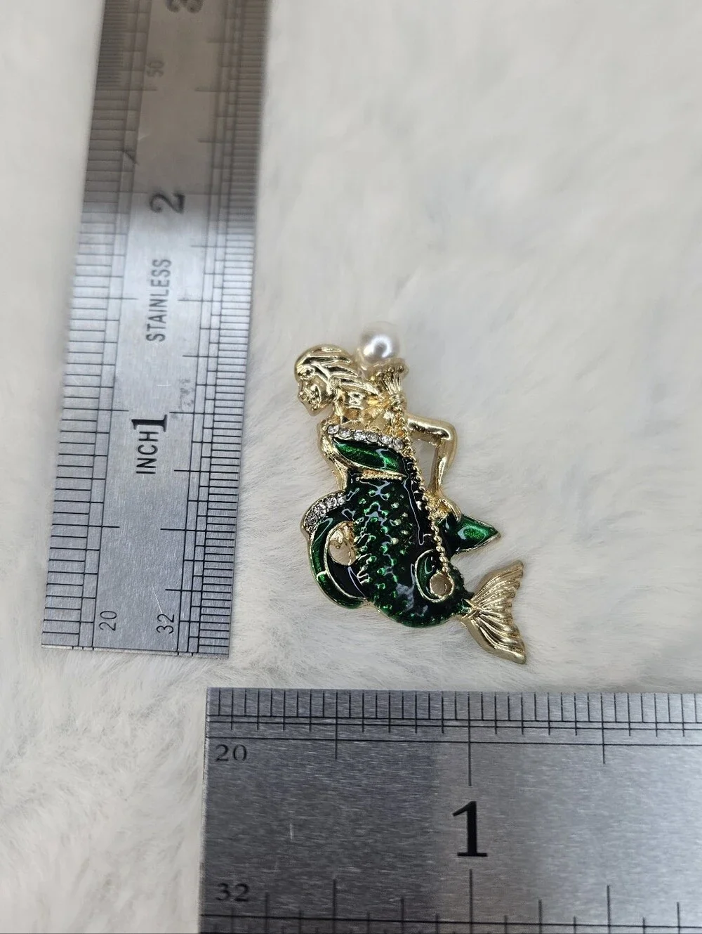 Gold & Emerald Green Mermaid Brooch with Pearl Accent